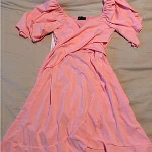 Soft Pink Puff-Sleeve Wrap Midi Dress